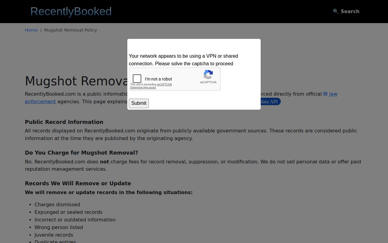 RecentlyBooked Iowa removal policy page for record corrections