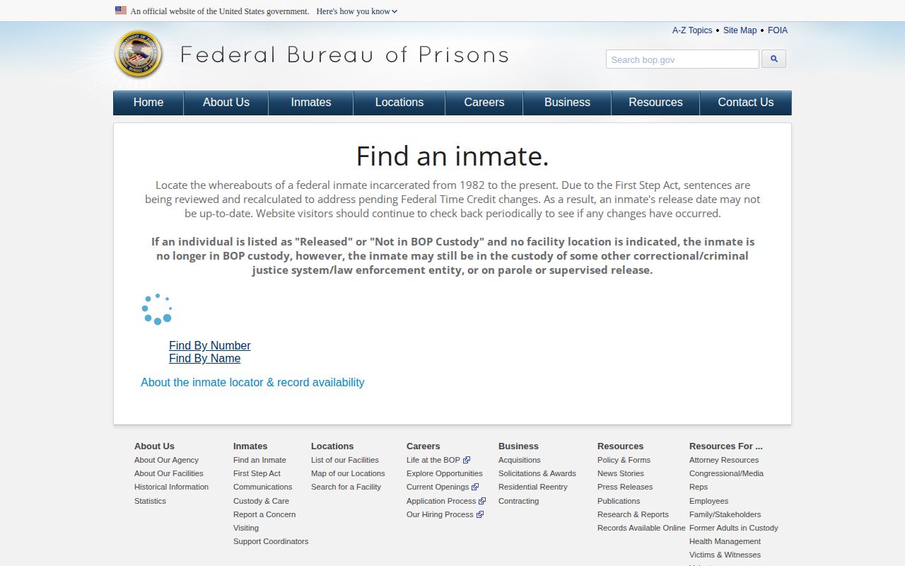 Federal Bureau of Prisons inmate locator interface for federal custody records