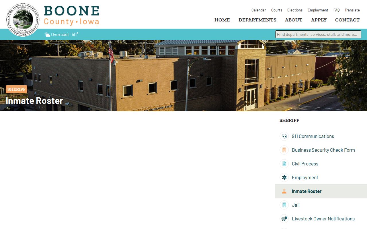 Boone County Iowa sheriff page for the inmate roster