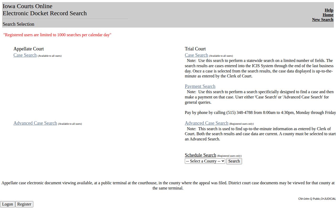 Iowa Courts Online trial-court case search page