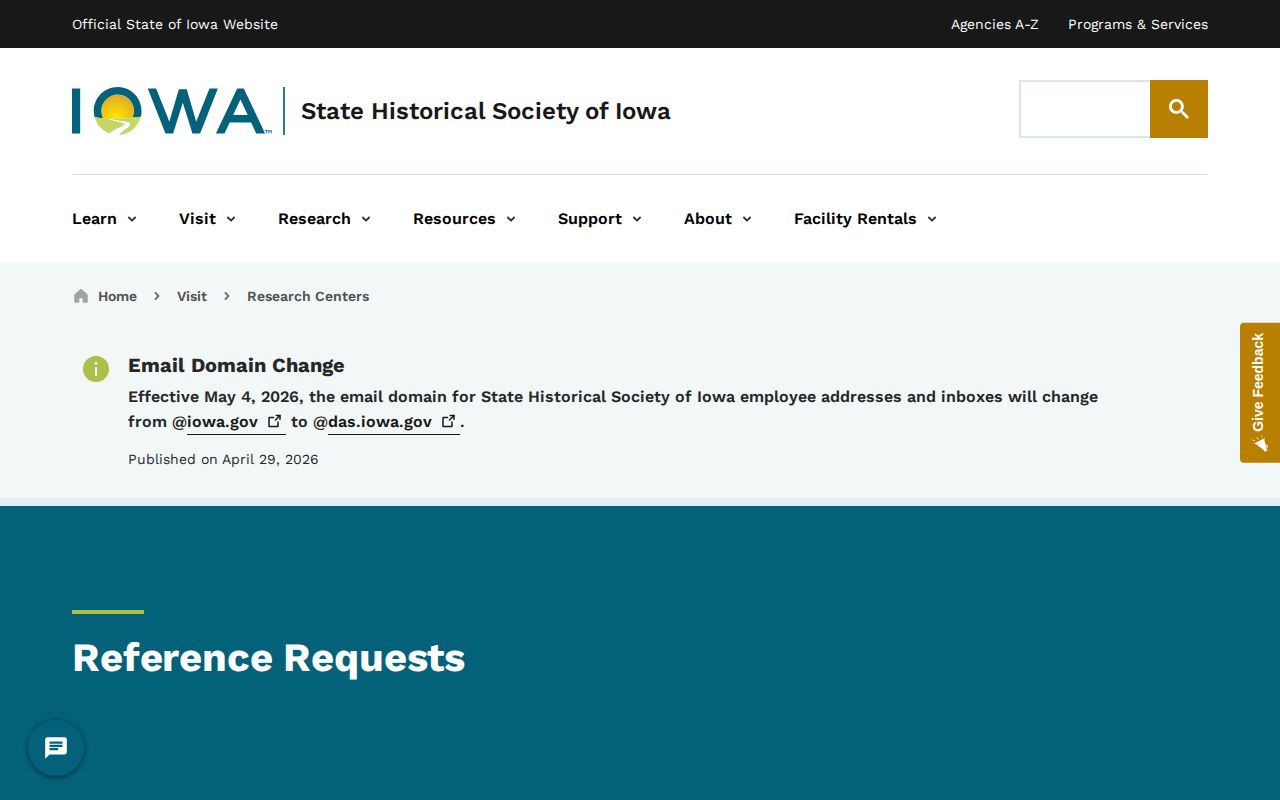State Historical Society of Iowa State Archives reference request page
