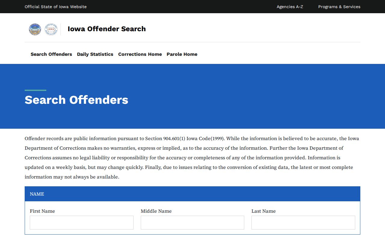 Iowa IDOC offender search form for state custody records